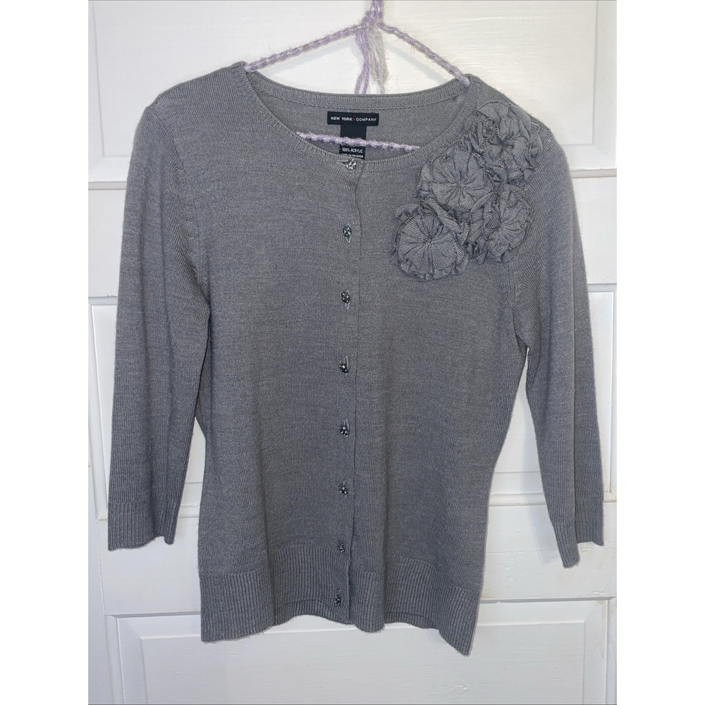 Grey 3/4 Sleeve Dress Sweater Decorative Buttons‎ Flower Rosettes Small